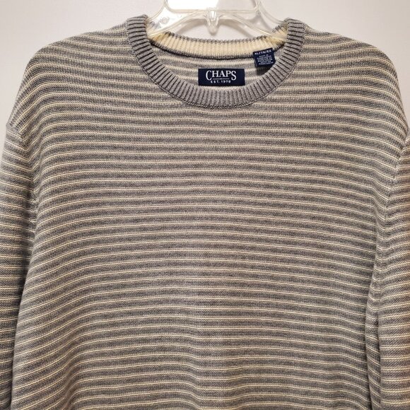 NWOT Chaps Sweater Crew Neck Heather Gray/White Striped Mens Size Large‎ NEW - Picture 4 of 12
